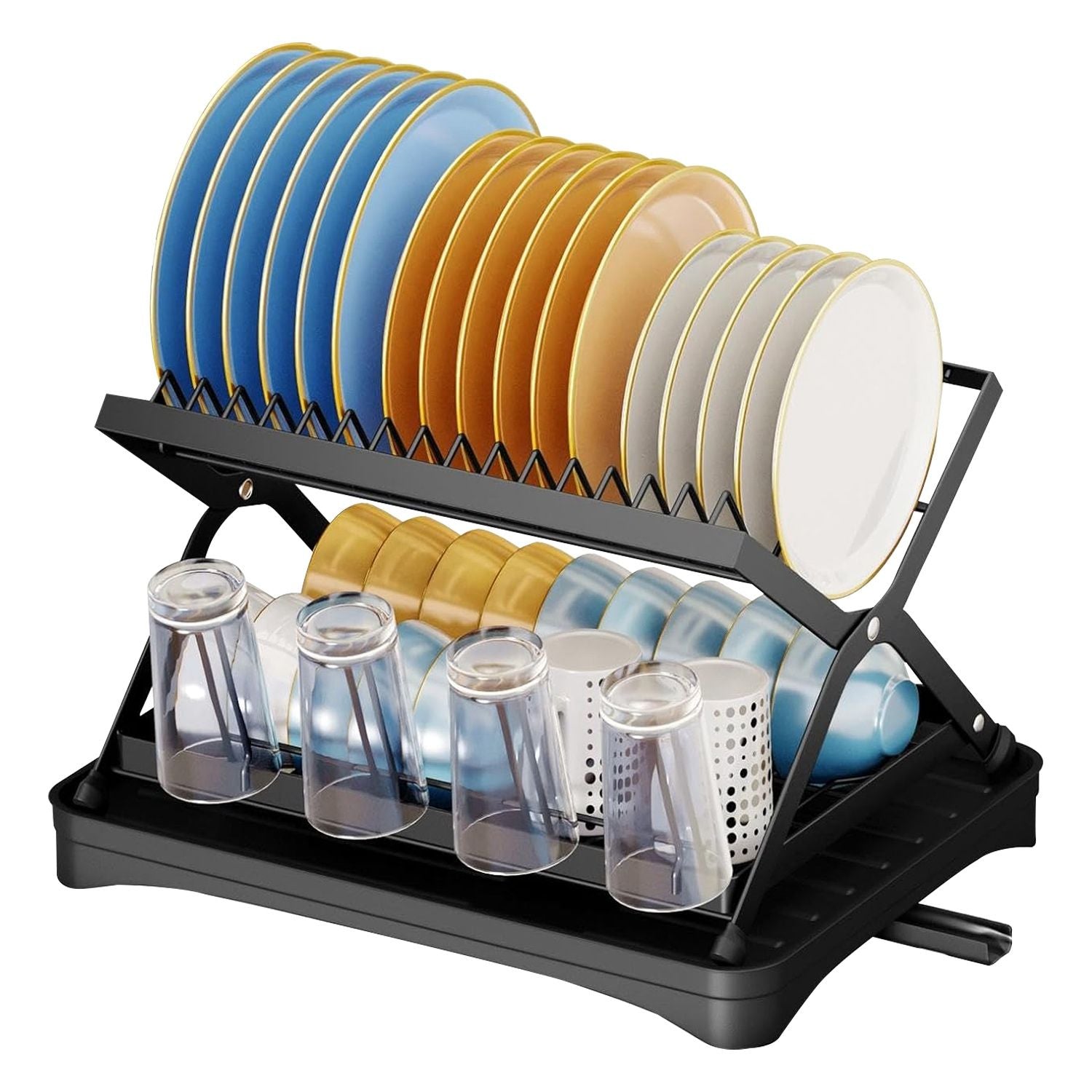 Black 2-tier dish drying rack with cup holder, foldable design, rustproof stainless steel, and drainboard for kitchen countertop.