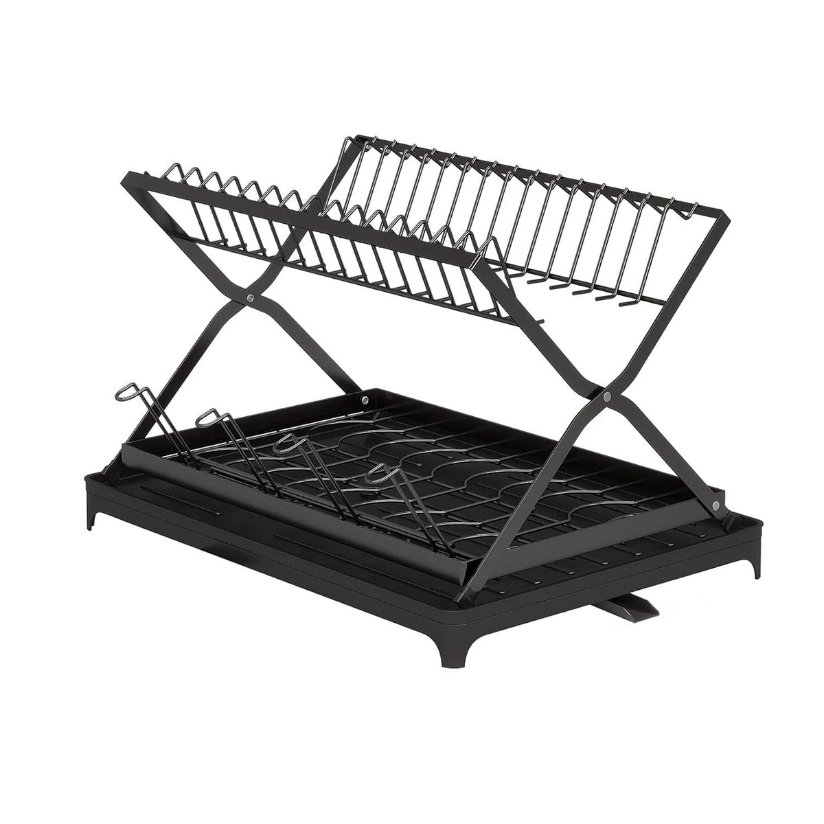 Black EasyOptionXY 2-tier dish drying rack with cup holder, foldable design, rustproof, includes drainboard for kitchen countertop.