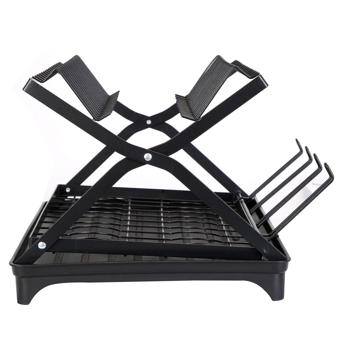 EasyOptionXY 2-tier dish drying rack with cup holder, foldable black stainless steel utensil holder and drainboard for kitchen countertop.