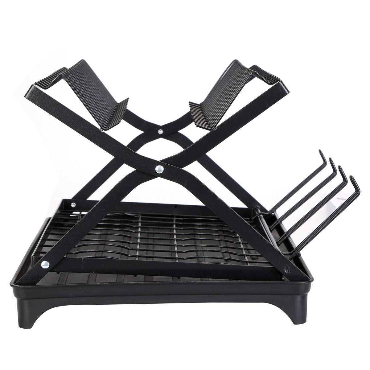 EasyOptionXY 2-tier dish drying rack with cup holder, foldable black stainless steel utensil holder and drainboard for kitchen countertop.