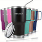 EasyOptionXY 30 oz stainless steel insulated tumbler with handle, lid, straw, spill-proof design, perfect for hot and cold drinks.