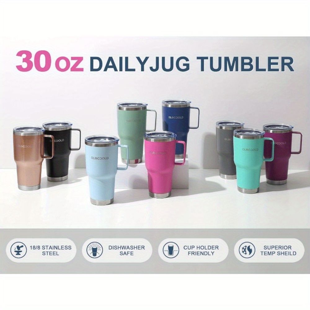 EasyOptionXY 30 oz stainless steel insulated tumbler with handle, lid, straw, and spill-proof design for hot and cold drinks.