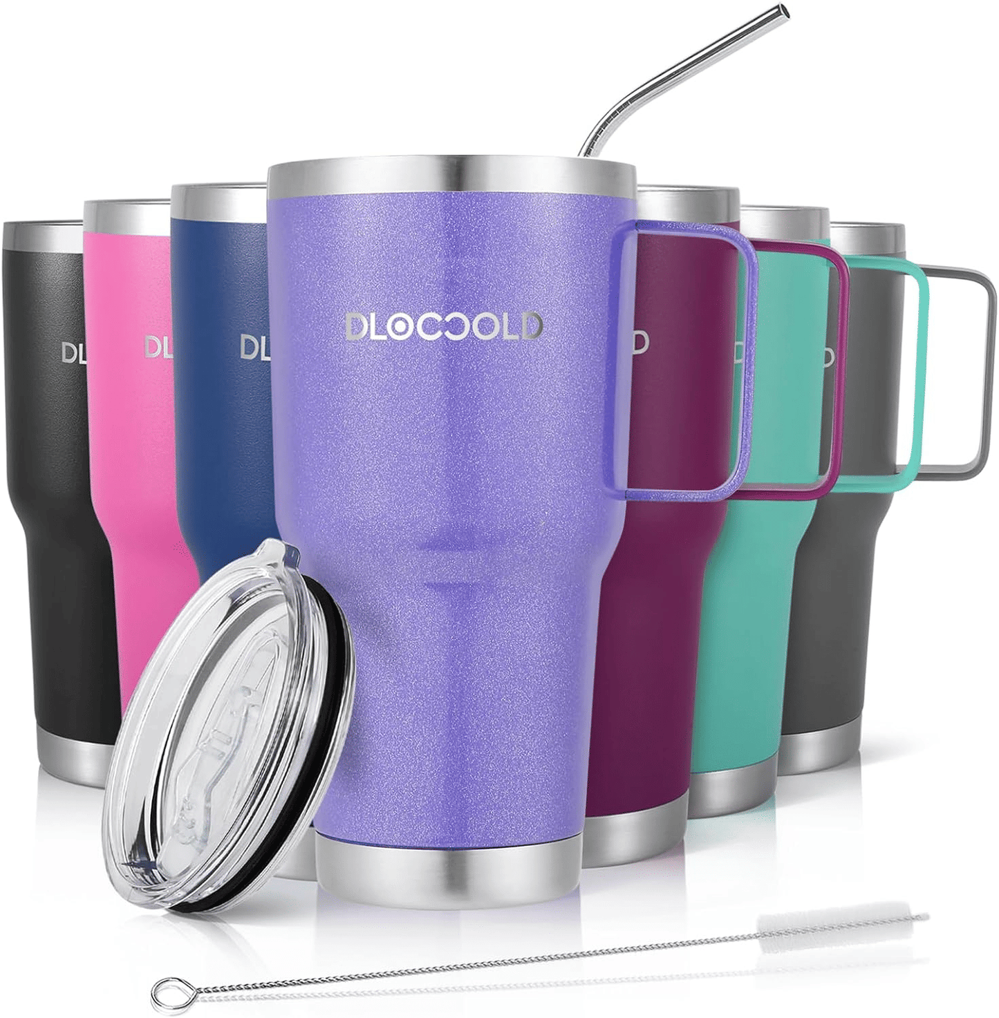 EasyOptionXY 30 oz stainless steel insulated tumbler with handle, lid, straw, spill-proof design, suitable for hot and cold drinks.