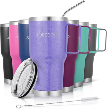 EasyOptionXY 30 oz stainless steel insulated tumbler with handle, lid, straw, spill-proof design, suitable for hot and cold drinks.