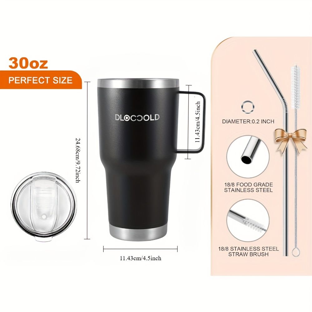 EasyOptionXY 30 oz stainless steel insulated travel tumbler with handle, lid, straw, spill-proof, dishwasher safe for hot and cold drinks.