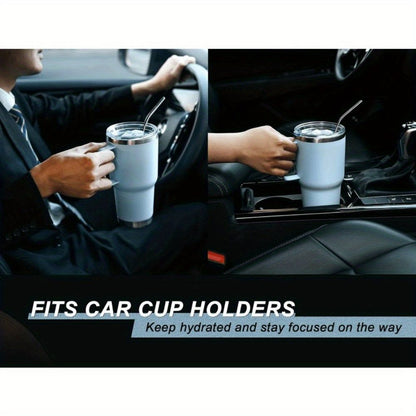 30 oz stainless steel insulated tumbler with handle, lid, straw, and spill-proof design for hot and cold drinks by EasyOptionXY