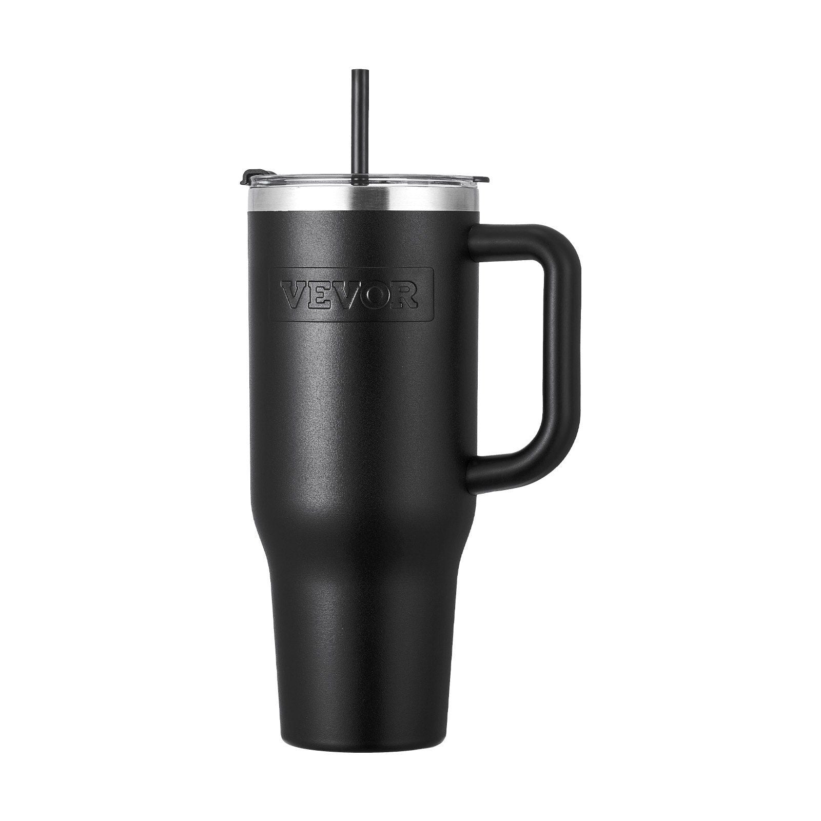 Black 40 oz insulated stainless steel water bottle by EasyOptionXY with a handle, designed for hot and cold beverages.