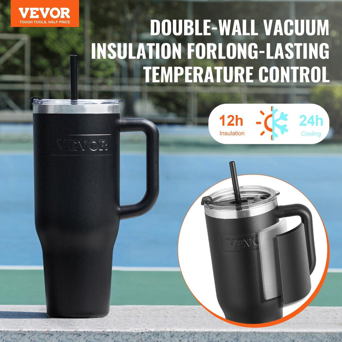 Black 40 oz insulated stainless steel water bottle and coffee cup by EasyOptionXY, handheld design with secure lid.