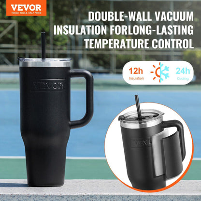 Black 40 oz insulated stainless steel water bottle and coffee cup by EasyOptionXY, handheld design with secure lid.