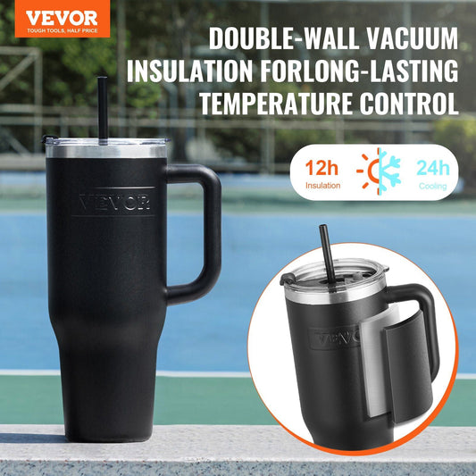 Black 40 oz insulated stainless steel water bottle and coffee cup by EasyOptionXY, handheld design with secure lid.