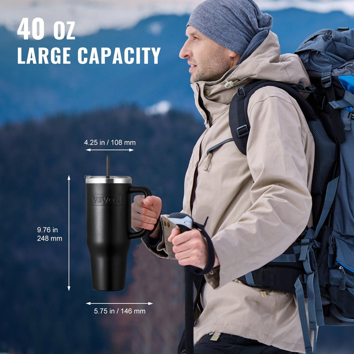 Black 40 oz insulated stainless steel water bottle and coffee cup by EasyOptionXY, handheld design with secure lid.