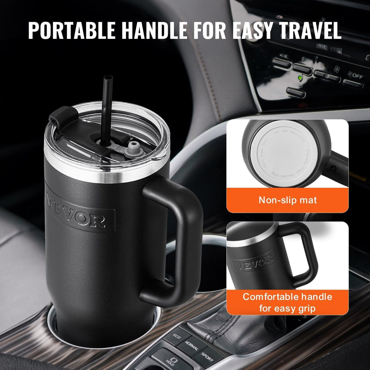 Black 40 oz insulated stainless steel water bottle from EasyOptionXY with a coffee cup design and handheld grip.