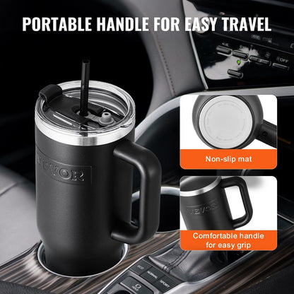 Black 40 oz insulated stainless steel water bottle from EasyOptionXY with a coffee cup design and handheld grip.