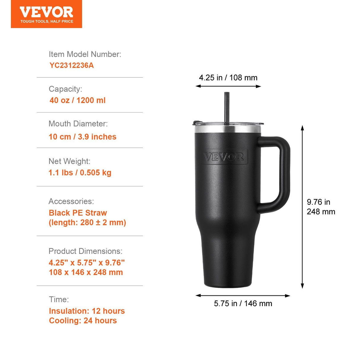 40 oz EasyOptionXY stainless steel insulated water bottle with black coffee cup lid, handheld design, durable and spill-proof.
