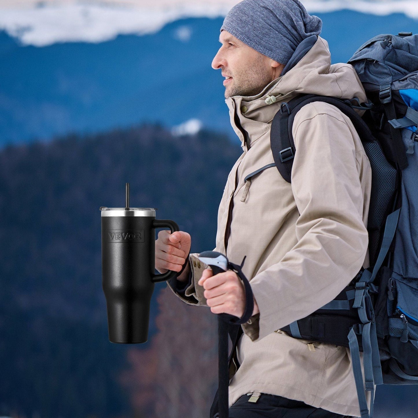 Black 40 oz insulated stainless steel water bottle and coffee cup from EasyOptionXY with a handheld design.
