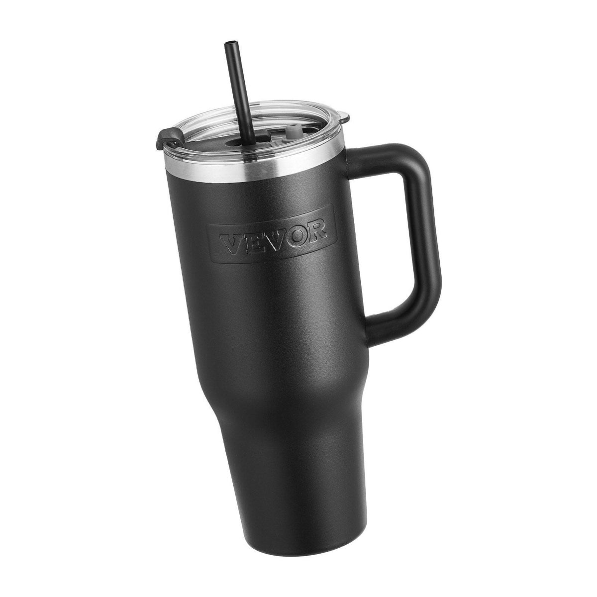 Black 40 oz insulated stainless steel water bottle with handle from EasyOptionXY, designed for coffee and hydration on the go.