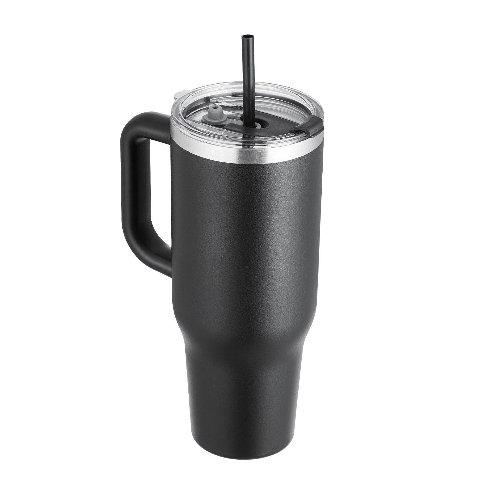Black 40 oz insulated stainless steel water bottle with coffee cup handle by EasyOptionXY, featuring a sleek handheld design.