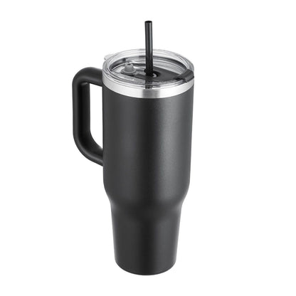 Black 40 oz insulated stainless steel water bottle with coffee cup handle by EasyOptionXY, featuring a sleek handheld design.