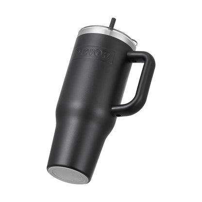 Black 40 oz insulated stainless steel water bottle and coffee cup by EasyOptionXY, handheld with a sleek design and lid.