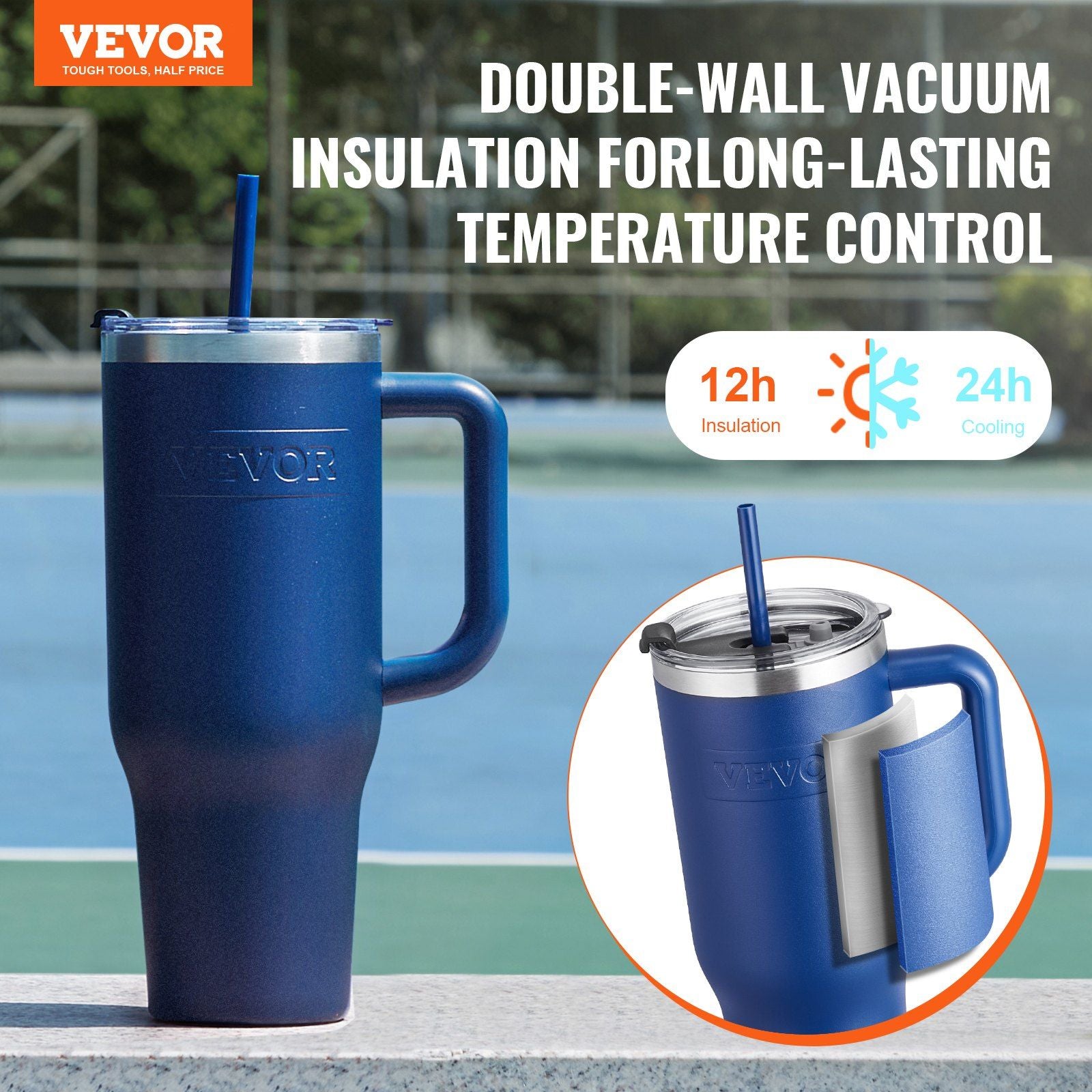 Blue 40 oz insulated stainless steel water bottle with handle from EasyOptionXY, designed for cold drinks and easy carrying.