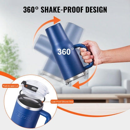 Blue 40 oz insulated stainless steel water bottle and coffee cup by EasyOptionXY, handheld design with a durable, sleek finish.