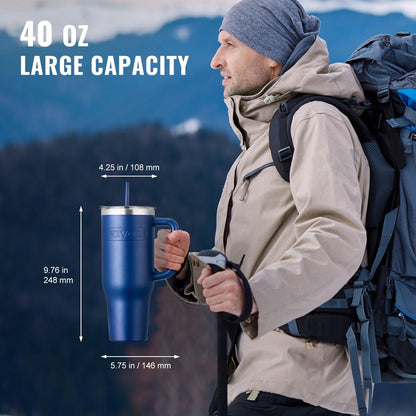 Blue 40 oz insulated stainless steel water bottle with handle from EasyOptionXY, designed for hot and cold beverages.