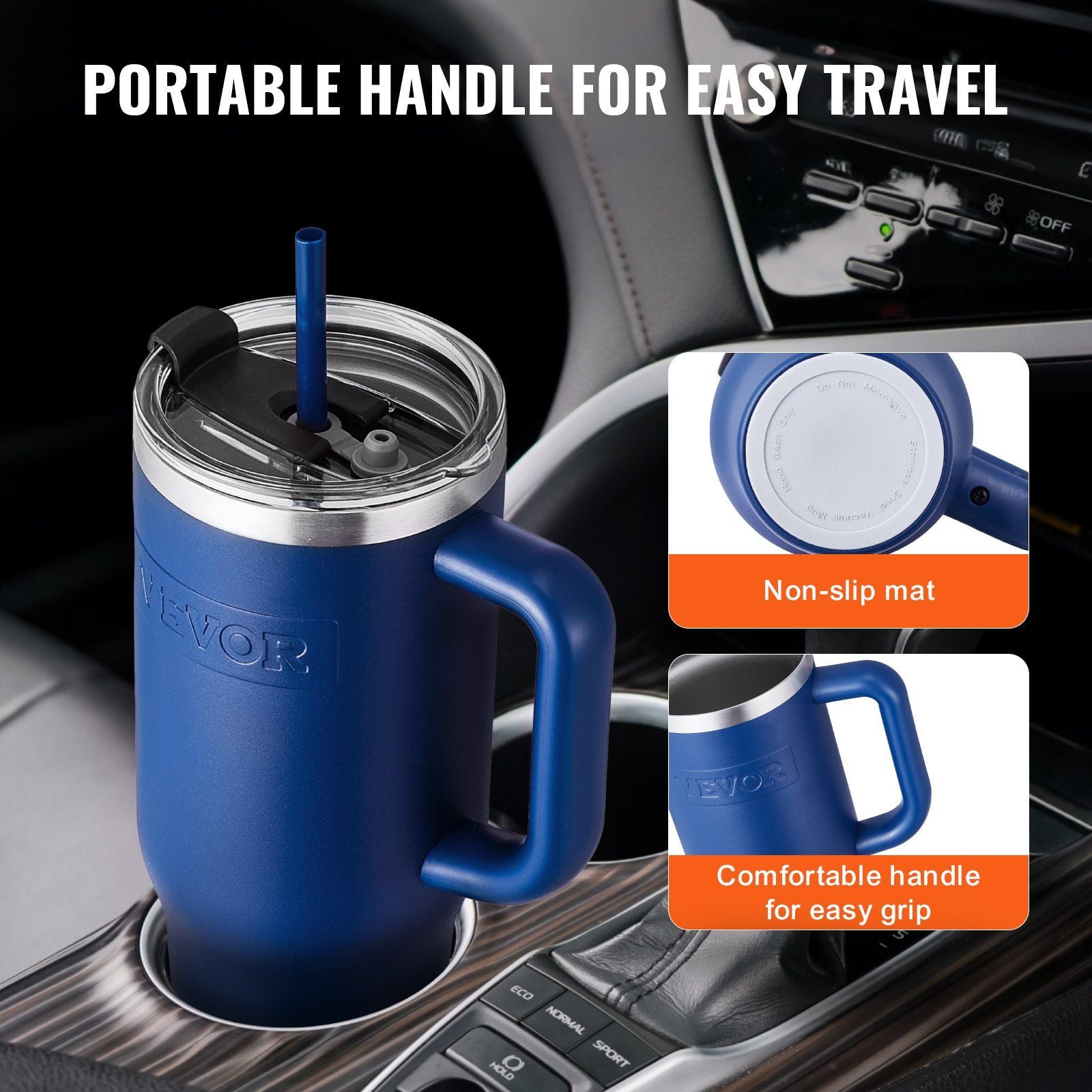 Blue 40 oz insulated stainless steel water bottle and coffee cup by EasyOptionXY, handheld with a sleek, durable design.