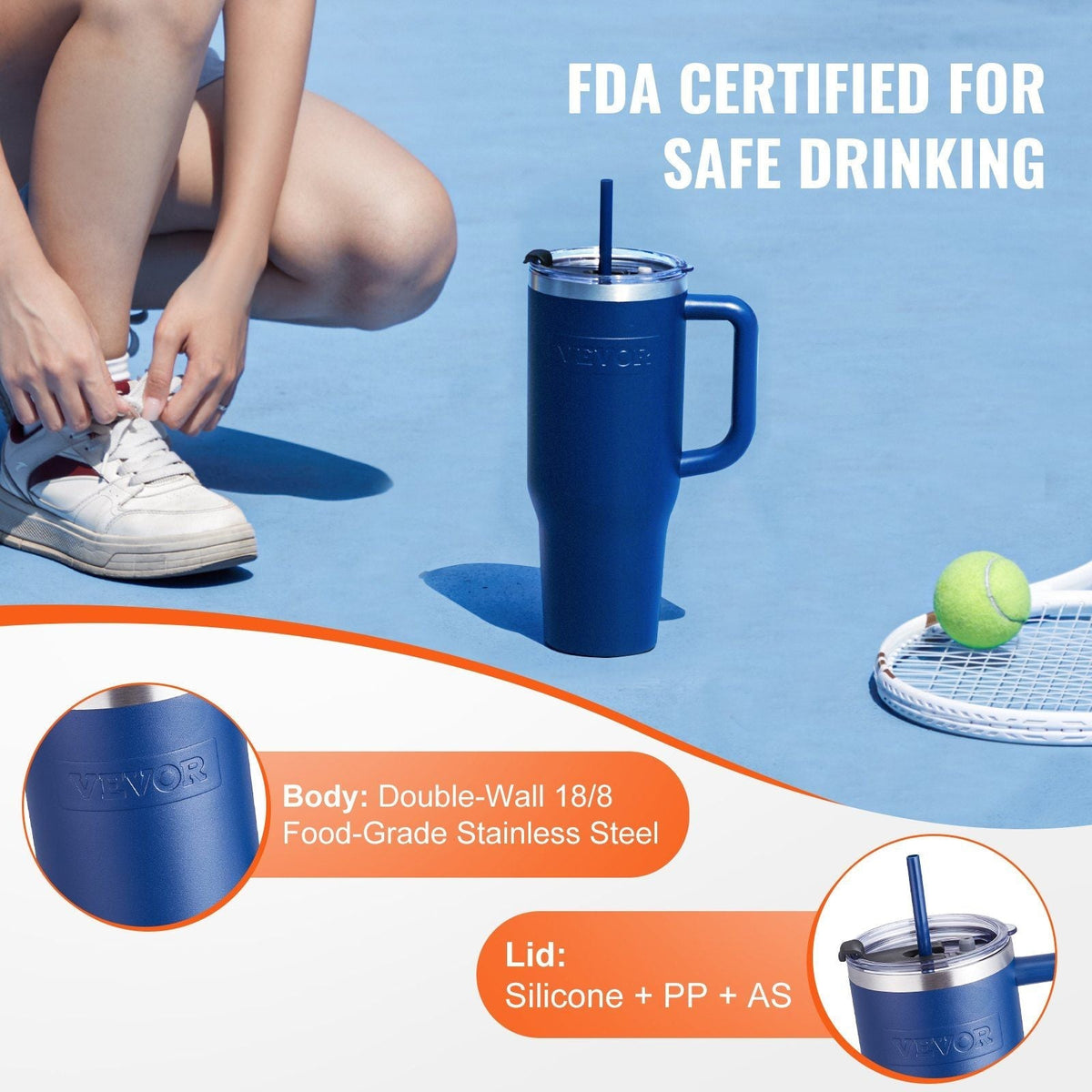 Blue 40 oz insulated stainless steel water bottle with handle, EasyOptionXY coffee cup for hot and cold drinks.