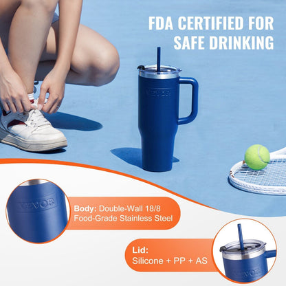Blue 40 oz insulated stainless steel water bottle with handle, EasyOptionXY coffee cup for hot and cold drinks.