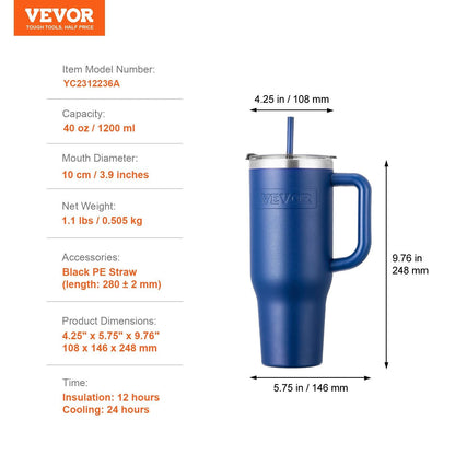 Blue 40 oz insulated stainless steel water bottle from EasyOptionXY with a handheld design and coffee cup lid.