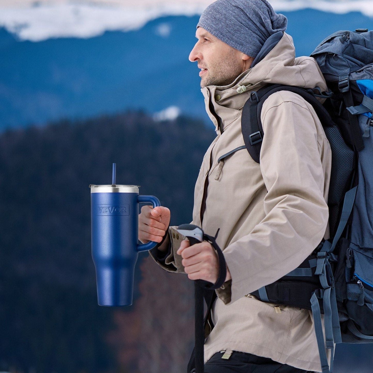 Blue 40 oz insulated stainless steel water bottle and coffee cup from EasyOptionXY, handheld with a sleek design.