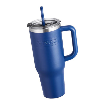 Blue 40 oz stainless steel insulated water bottle and coffee cup by EasyOptionXY, handheld design with a secure lid.