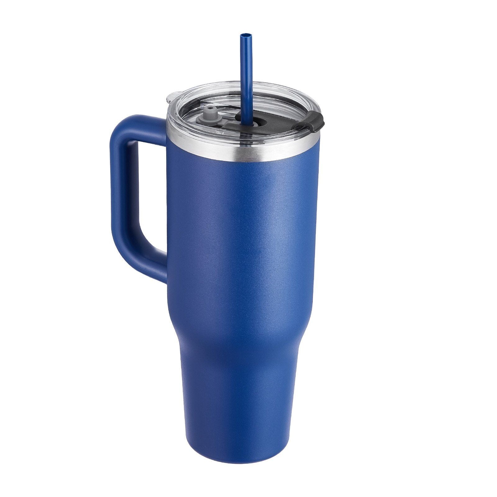 Blue 40 oz insulated stainless steel water bottle from EasyOptionXY with a handle and coffee cup design.