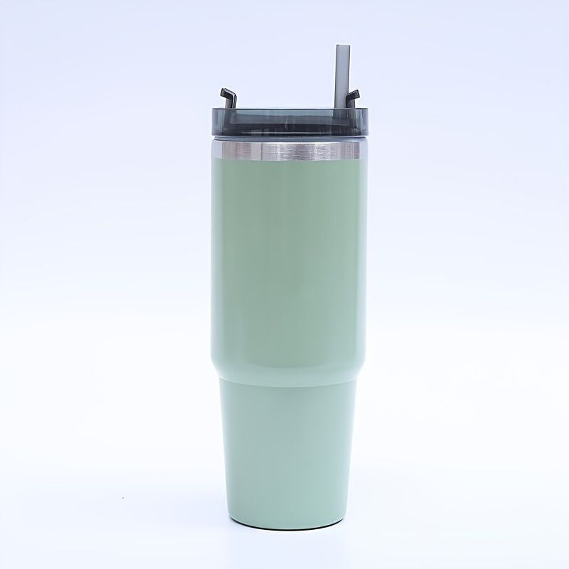 EasyOptionXY stainless steel vacuum mug with straw, insulated tumbler for home, office, or car use.