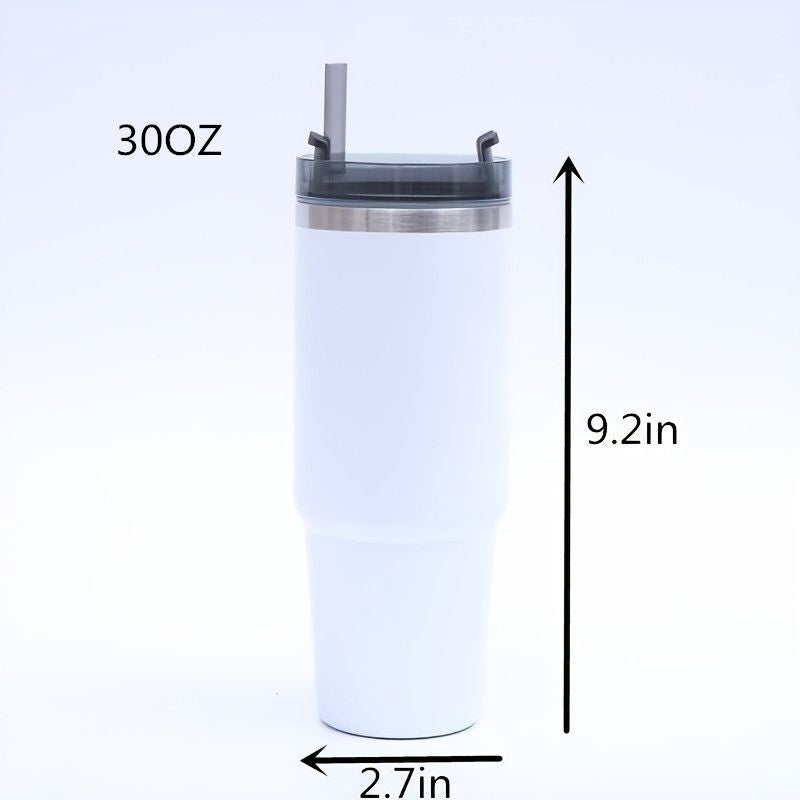EasyOptionXY stainless steel vacuum mug with straw, insulated tumbler for home, office, or car use, keeps drinks hot or cold.