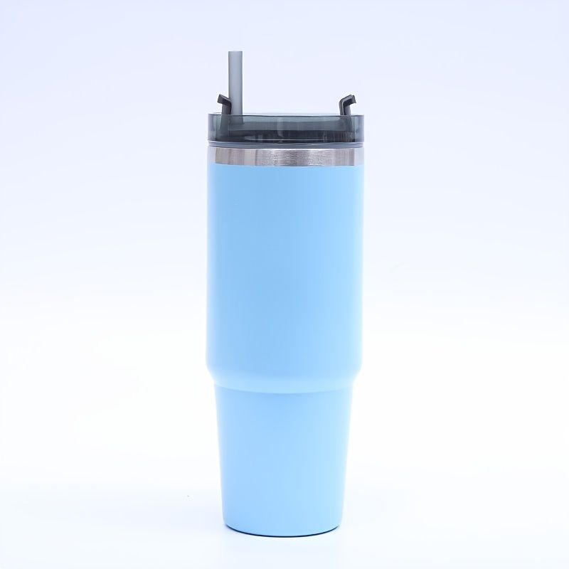 EasyOptionXY stainless steel vacuum mug with straw, insulated tumbler for home, office, or car use, featuring a sleek design and spill-proof lid.