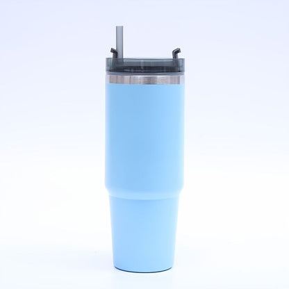 EasyOptionXY stainless steel vacuum mug with straw, insulated tumbler for home, office, or car use, featuring a sleek design and spill-proof lid.