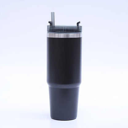 Stainless steel vacuum mug by EasyOptionXY with straw, insulated tumbler for home, office, or car use.