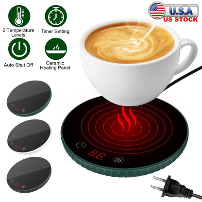 EasyOptionXY desktop electric cup warmer with ceramic heating panel, adjustable temperature, smart timer, and auto shut-off for office or home