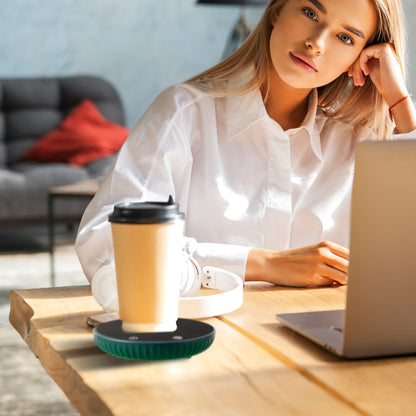 EasyOptionXY desktop electric cup warmer with ceramic panel, adjustable temperature, auto shut-off, and overheating protection for office or home.