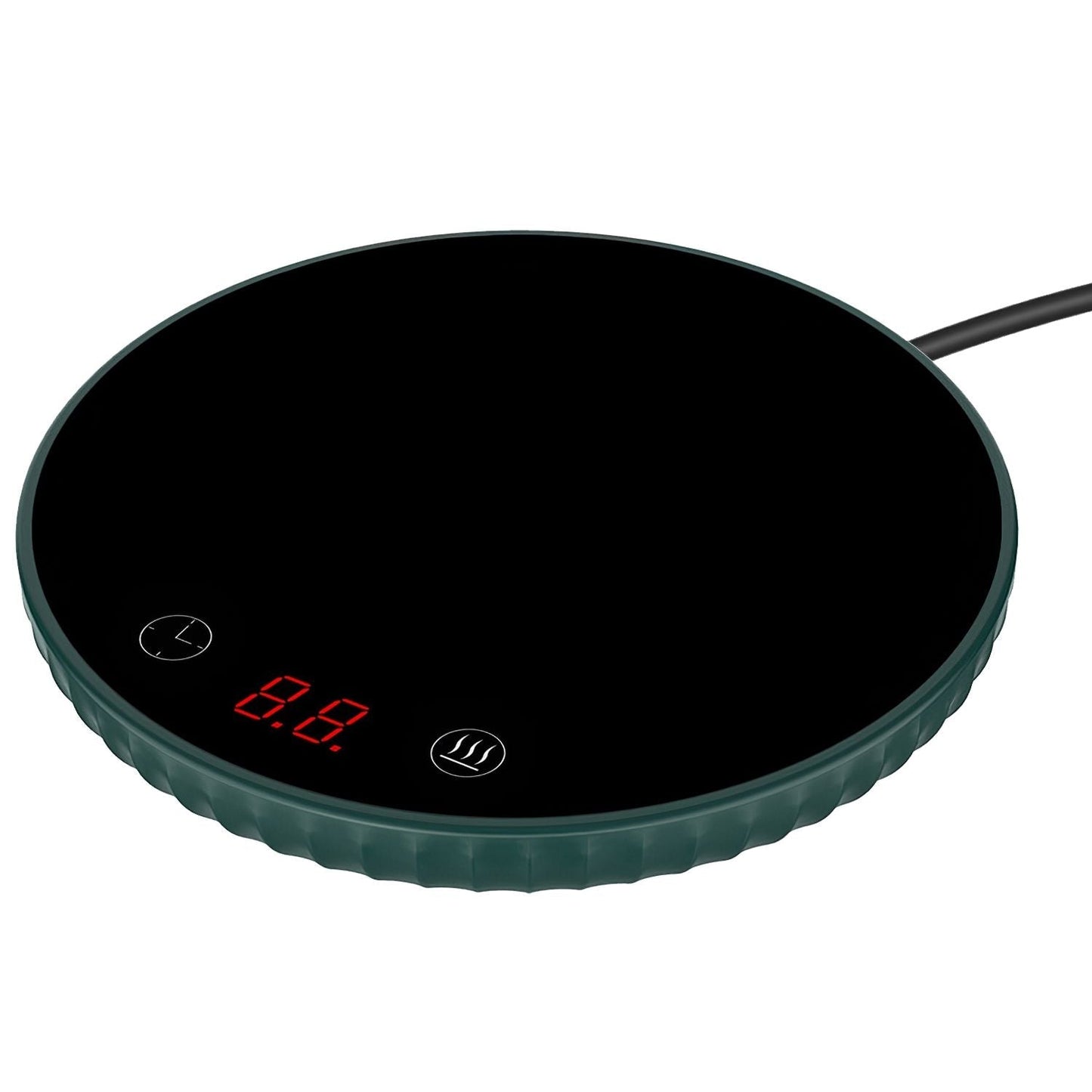 EasyOptionXY desktop electric cup warmer with ceramic heating panel, showing two temperature settings and an automatic off feature.