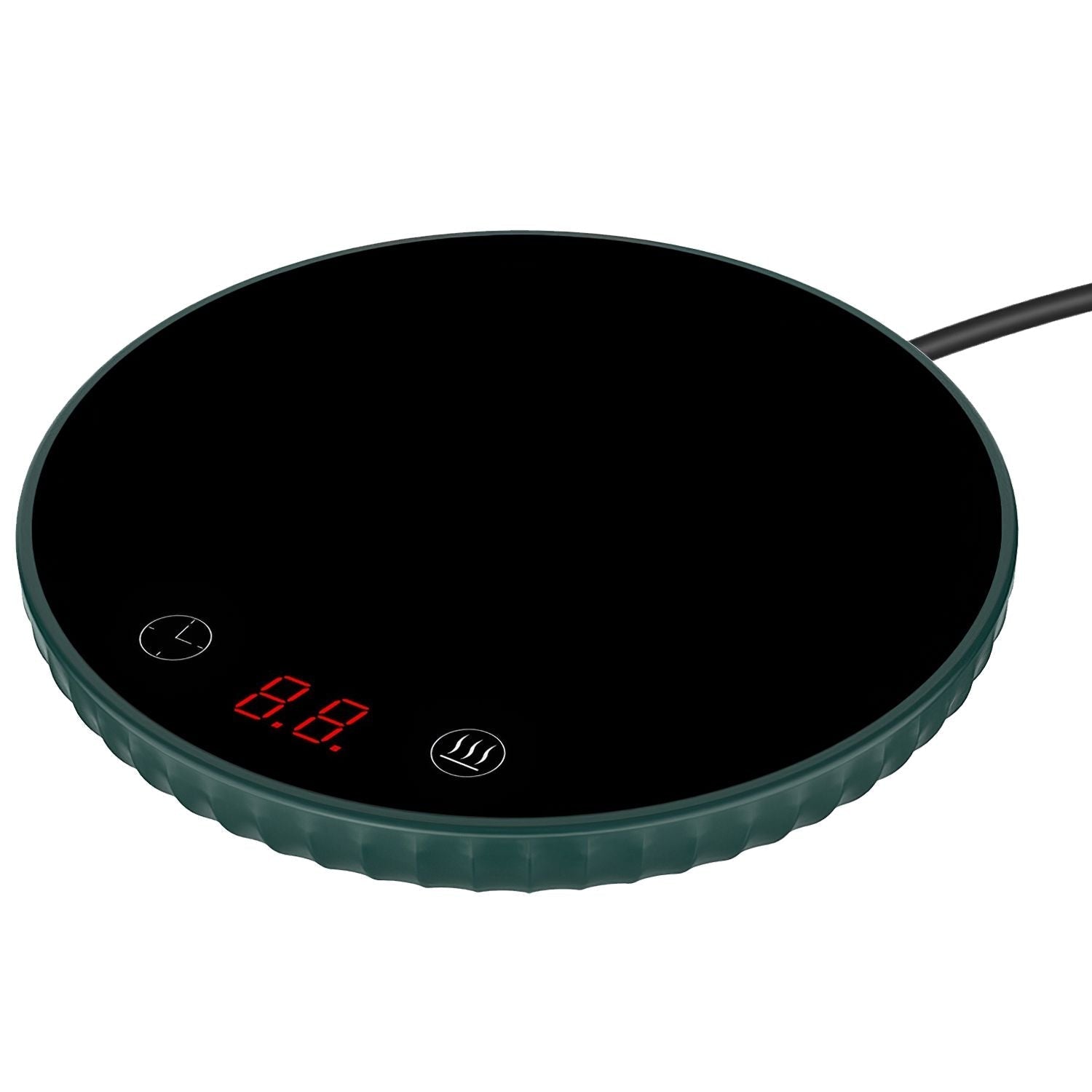 EasyOptionXY desktop electric cup warmer with ceramic heating panel, showing two temperature settings and an automatic off feature.