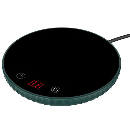 EasyOptionXY desktop electric cup warmer with ceramic heating panel, showing two temperature settings and an automatic off feature.