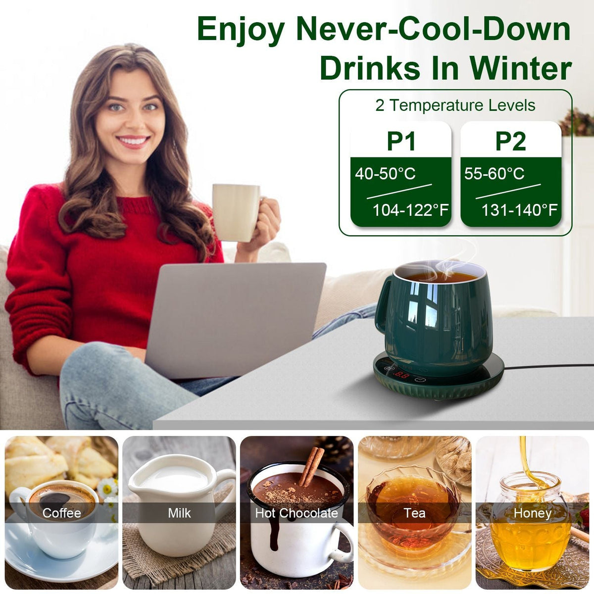 EasyOptionXY desktop electric cup warmer with ceramic heating panel, showing adjustable temperature settings and auto-off feature.