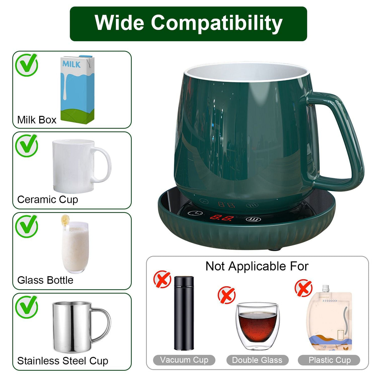 EasyOptionXY desktop electric cup warmer with ceramic heating panel, showcasing two temperature levels and a sleek design.