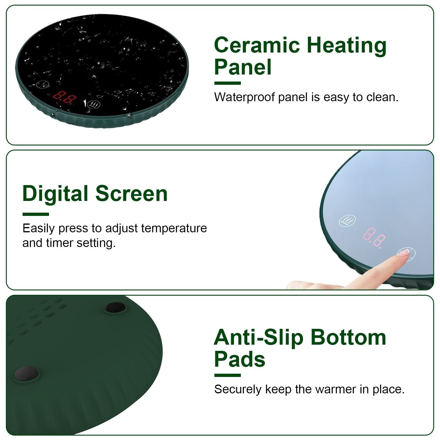 EasyOptionXY desktop electric cup warmer with ceramic heating panel, adjustable temperature, auto shut-off, and overheating protection.