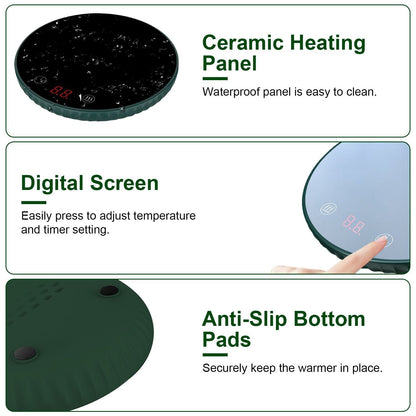 EasyOptionXY desktop electric cup warmer with ceramic heating panel, adjustable temperature, auto shut-off, and overheating protection.