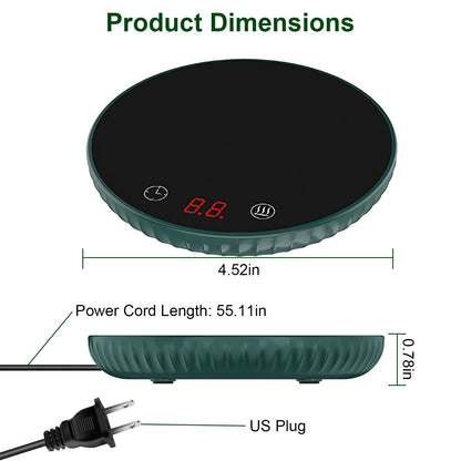 EasyOptionXY desktop electric cup warmer with ceramic heating panel, adjustable temperature, smart timer, and auto-off for office or home use.