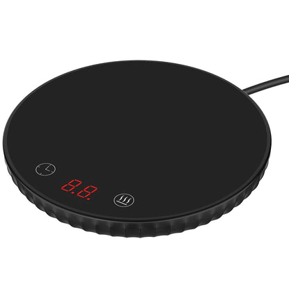 EasyOptionXY desktop electric cup warmer with ceramic heating panel, adjustable temperature, smart timer, and auto-off for office or home use.