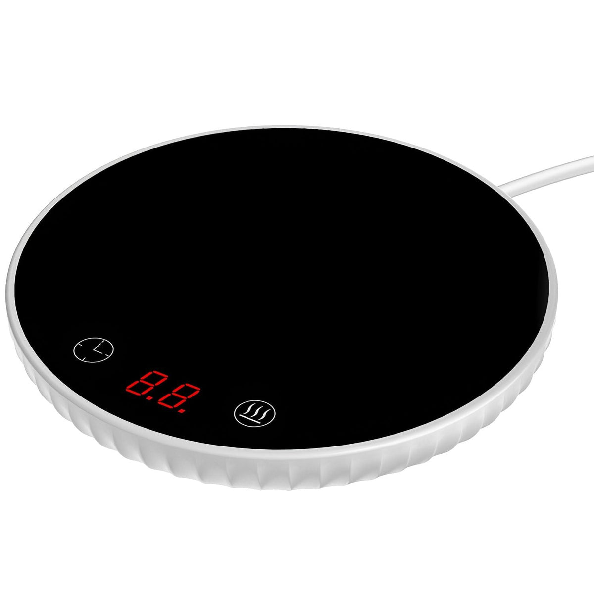 EasyOptionXY desktop electric cup warmer with ceramic heating panel, showing control panel, digital timer, and temperature settings.